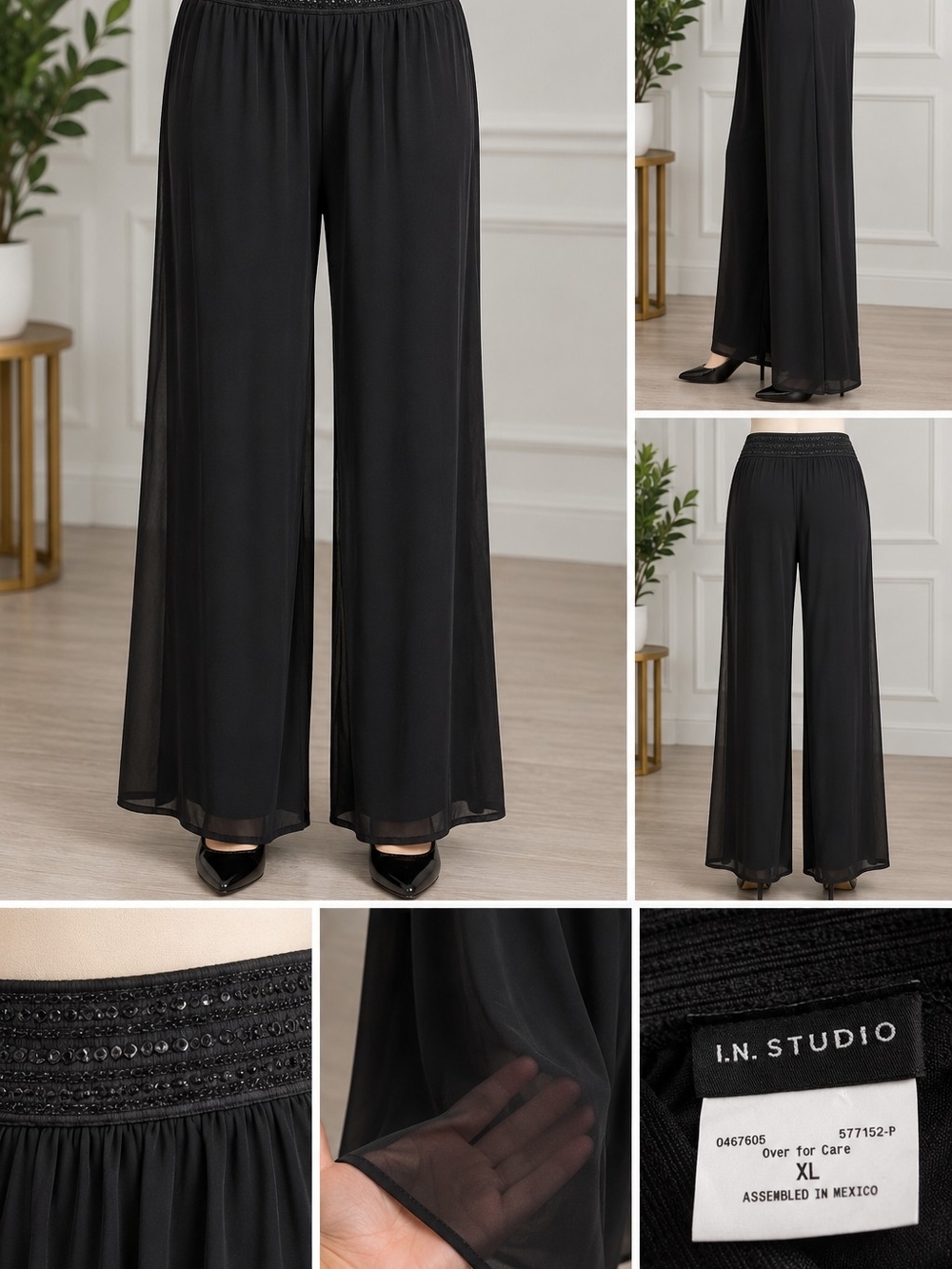 I.N. Studio Black Wide-Leg Sheer Overlay Palazzo Pants